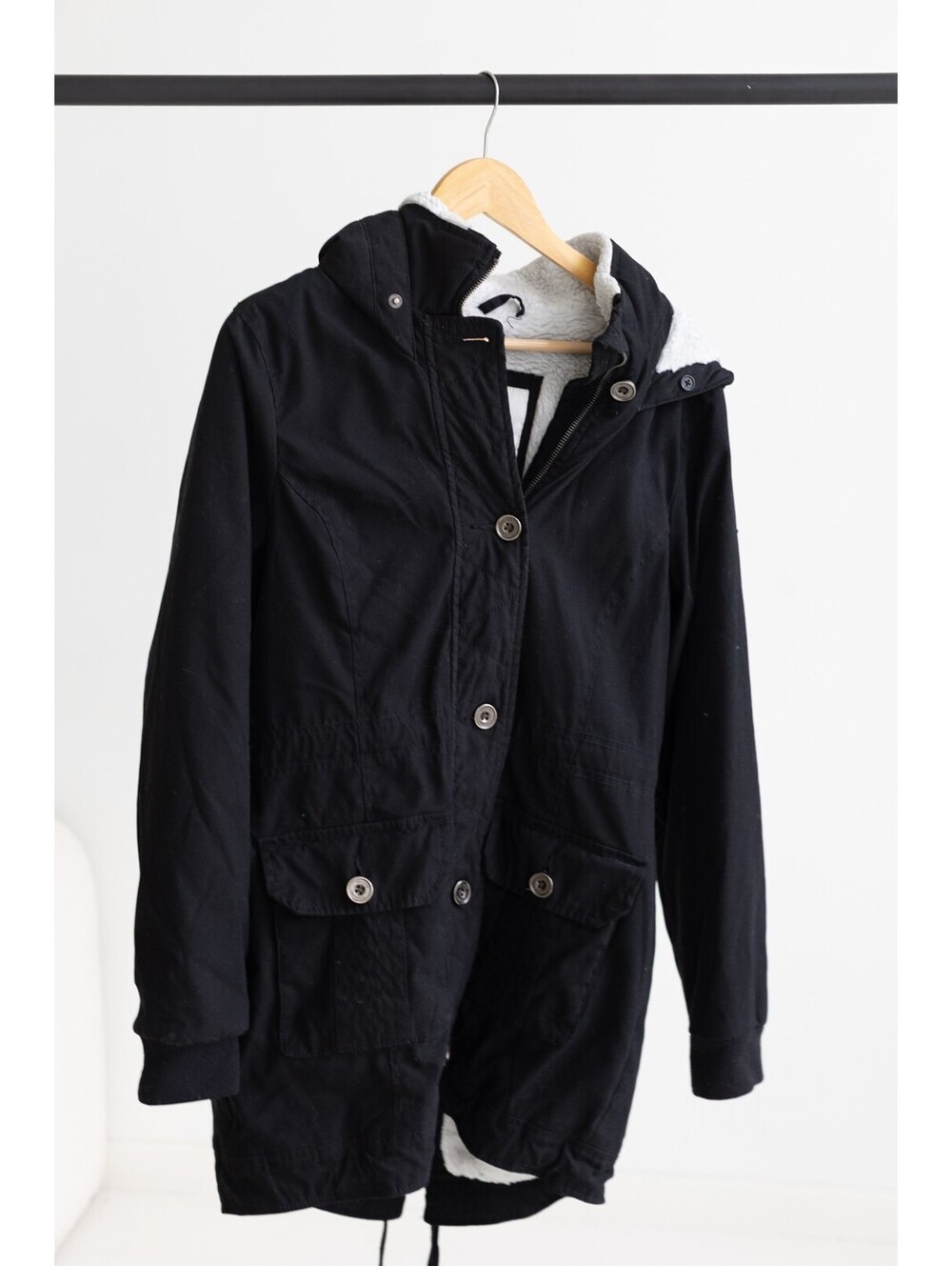 Hollister Heritage Faux Fur Lined Anorak Parka Jacket Black L